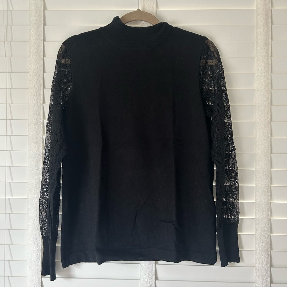 Carmen Marc Valvo Top Blouse Lace Black Long Sleeve High Neck Medium